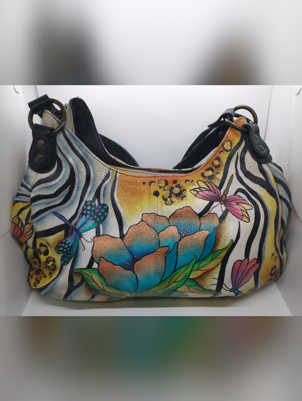 Anuschka Dragonflies and Flowers with Zebra Stripes Handbag Women's Multi Color